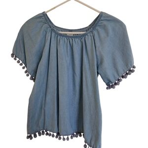 Light Blue Off-Shoulder Pom-Pom Trim Blouse by